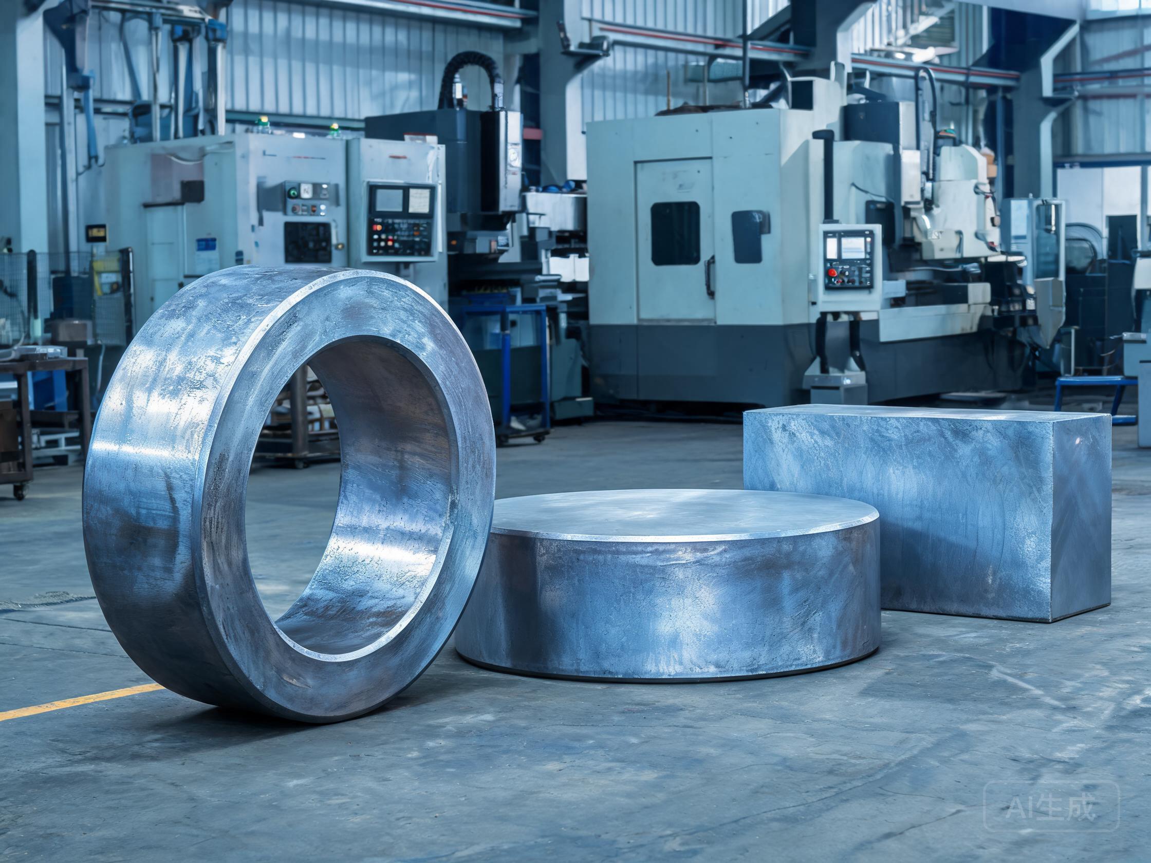 Titanium forged ring and block on CNC workshop floor