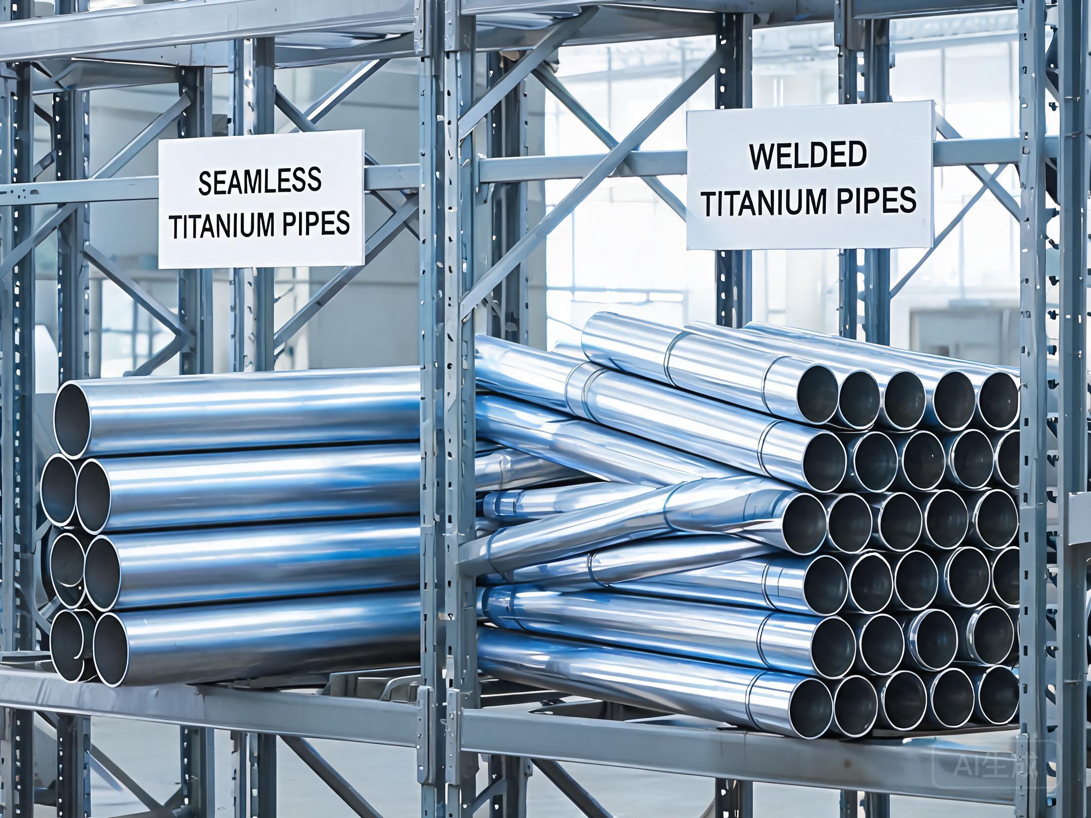 Seamless and welded titanium pipes stacked in warehouse